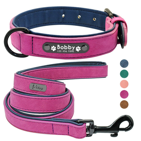Personalized Leather Dog Collar and Leash Set - Soft Padded for All Breeds